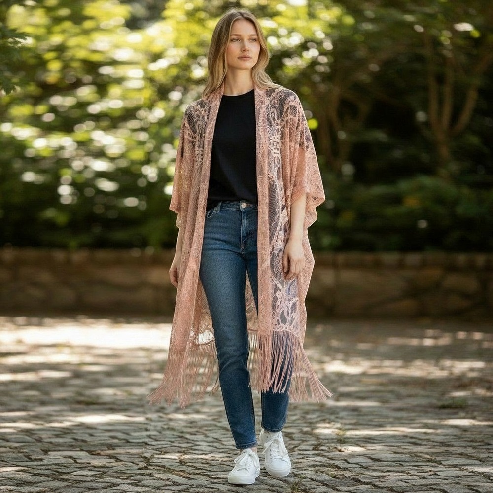 Emerette Pink Lace Fringe Kimono Wrap Cardigan Large Cottagecore Romantic
